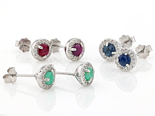 1.95ctw Ruby, Emerald, Sapphire Rhodium Over Sterling Silver Box Set of 3 Earrings