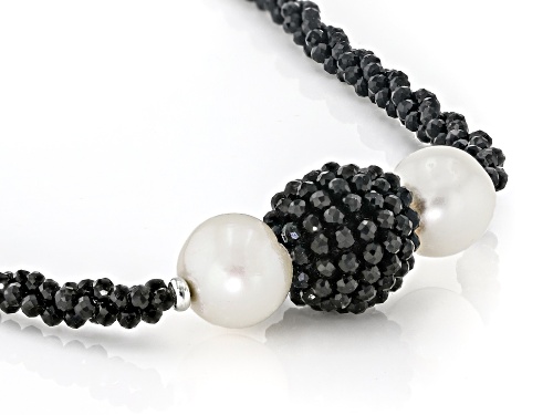 50.00ctw Black Spinel with 10mm Cultured Freshwater Pearl Rhodium Over Sterling Silver Necklace - Size 18