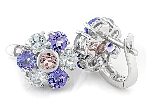 1.50ctw Tanzanite With 1.20ctw Aquamarine & 0.20ctw Morganite Rhodium Over Sterling Silver Earrings