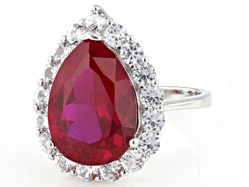 6.17ct Lab Created Ruby with 1.36ctw Lab Created White Sapphire Rhodium Over Sterling Silver Ring - Size 9