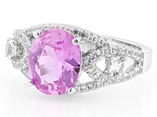 2.97ct Lab Pink Sapphire with 0.70ctw Lab White Sapphire Rhodium Over Sterling Silver Ring - Size 10