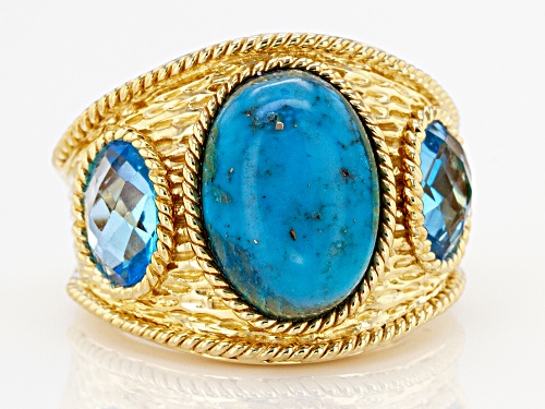 14x10mm Oval Turquoise With 2.32ctw Oval Swiss Blue Topaz 18K Gold Over Sterling Silver - Size 6