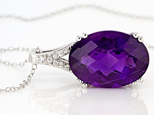 8.00ct Oval Amethyst With .15ctw Round White Zircon Rhodium Over Sterling Silver Pendant With Chain