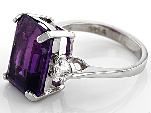 5.80ct Octagonal Amethyst And 0.42ctw Round White Topaz Rhodium Over Sterling Silver Ring - Size 9