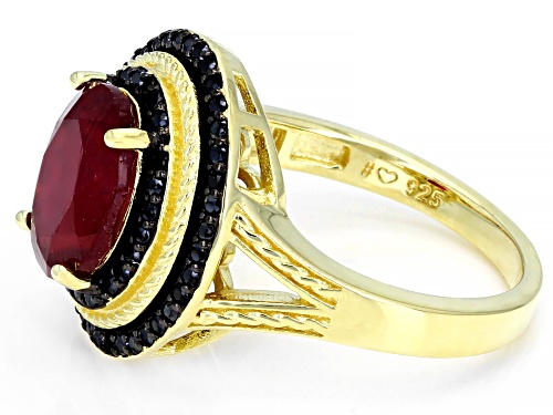 3.50ct Oval Mahaleo Ruby With 0.40ctw Round Black Spinel 18k Yellow Gold Over Sterling Silver Ring - Size 8