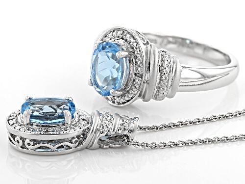 3.00ctw Swiss Blue Topaz With 0.02ctw White Diamond Rhodium Over Sterling Silver Ring & Pendant Set