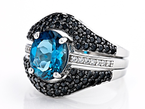 3.28ct London Blue Topaz With 1.11ctw Black Spinel & White Zircon Rhodium Over Silver Ring Set of 2 - Size 7