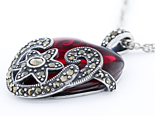 Red Glass And Marcasite Sterling Silver Heart Pendant With Chain