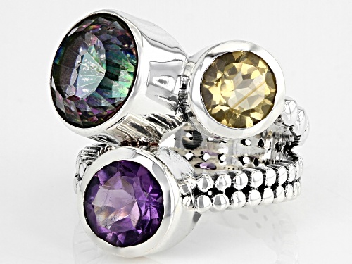 2.30ct Multi-Color Quartz With 1.40ct African Amethyst And 0.80ct Citrine Sterling Silver Ring - Size 8