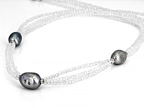 35.00ctw White Topaz And Gray Cultured Freshwater Pearl Rhodium Over Silver Necklace - Size 17