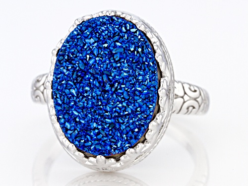 Oval Royal Blue Drusy Quartz Rhodium Over Sterling Silver Ring - Size 7