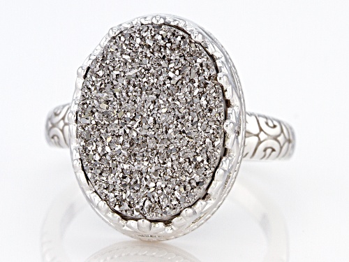 Oval Platinum Color Drusy Quartz Rhodium Over Sterling Silver Ring - Size 7