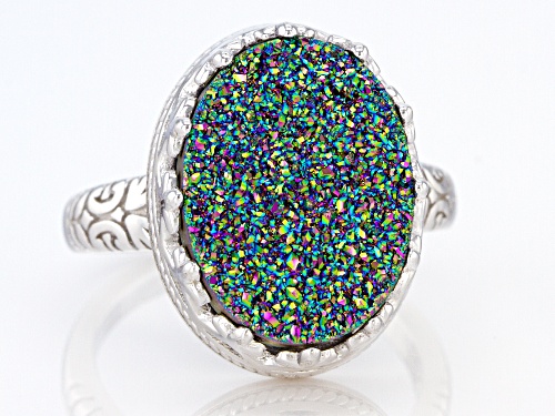 Oval Rainbow Green Drusy Quartz Rhodium Over Sterling Silver Ring - Size 8