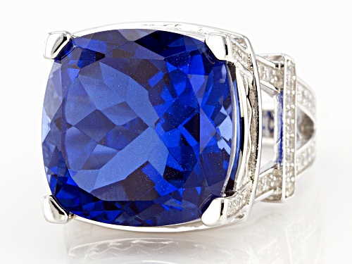 10.00ct Tanzanite Color Quartz Doublet With 0.75ctw White Zircon Rhodium Over Sterling Silver Ring - Size 7