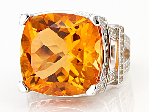 10.00ct Spessartite Color Quartz Doublet  With 0.75ctw White Zircon Rhodium Over Silver Ring - Size 7