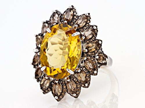 7.00ct Oval Golden Citrine With 2.50ctw Smoky Quartz Rhodium Over Sterling Silver Ring - Size 7