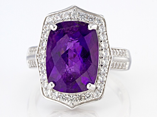 5.75ct Cushion African Amethyst With 0.65ctw White Zircon Rhodium Over Sterling Silver Ring - Size 8