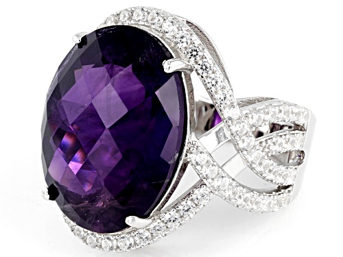 13.00ct Oval African Amethyst With 3.00ctw Round White Zircon Rhodium Over Sterling Silver Ring - Size 7