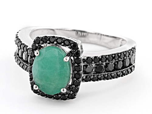 1.00ct Oval Zambian Emerald With 1.00ctw Black Spinel Rhodium Over Sterling Silver Ring - Size 7