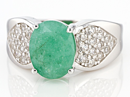 2.75ct Oval Zambian Emerald With 0.65ctw Round White Zircon Rhodium Over Sterling Silver Ring - Size 9
