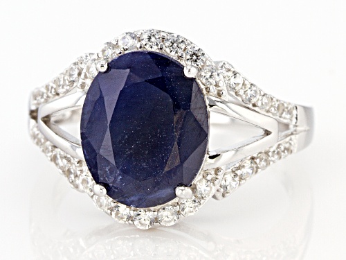 3.75ct Oval  Blue Sapphire With 0.60ctw Round White Zircon Rhodium Over Sterling Silver Ring - Size 7