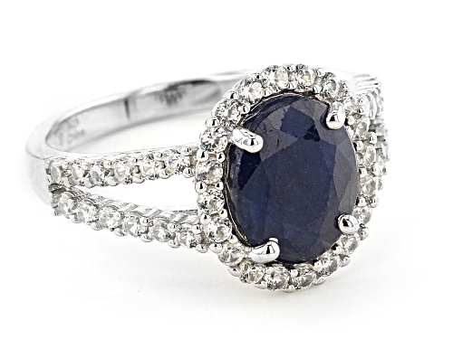 2.25ct Blue Sapphire with 1.00ctw Round White Zircon Rhodium Over Sterling Silver Ring - Size 9