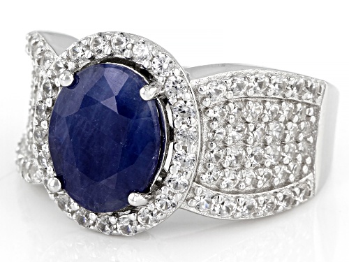 2.25ct Blue Sapphire with 1.50ctw Round White Zircon Rhodium Over Sterling Silver Ring - Size 8