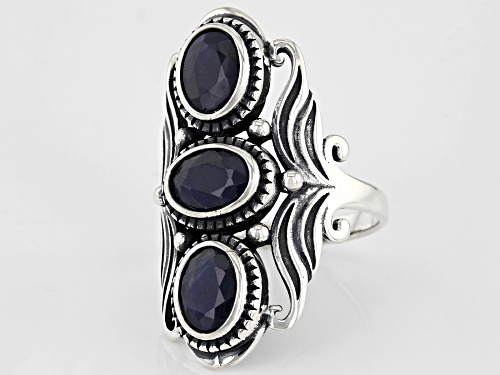 1.75CTW Oval Blue Sapphire Rhodium Over Sterling Silver 3 Stone Ring - Size 7