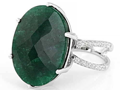 18.00ct Oval Green Beryl With 0.40ctw Round White Zircon Rhodium Over Sterling Silver Ring - Size 8
