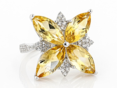 6.08ctw Marquise Citrine With 0.56ctw White Zircon Rhodium Over Sterling Silver Ring - Size 8