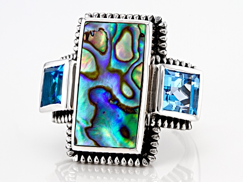 20x10mm Abalone Shell and 3.74ctw Swiss Blue Topaz Rhodium Over Sterling Silver Ring - Size 6