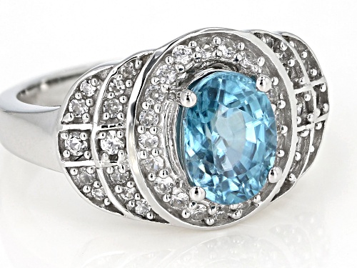 1.82ct Oval Blue And .44ctw Round White Zircon Platinum Over Sterling Silver Ring - Size 7