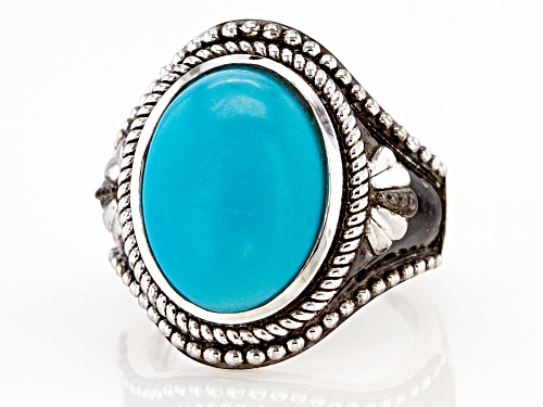 16x12mm Blue Turquoise Rhodium Over Sterling Silver Ring - Size 7