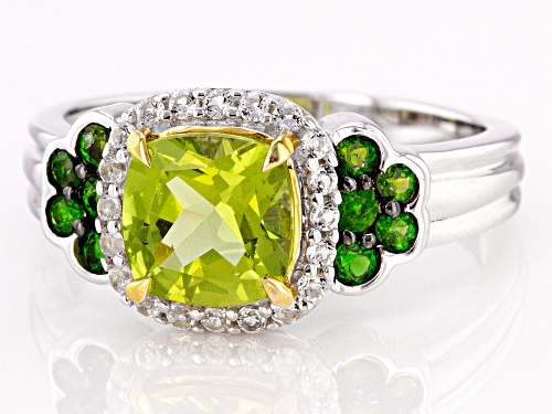 1.34ct Green Peridot, 0.27ctw Chrome Diopside, with 0.18ctw White Topaz Rhodium Over Silver Ring - Size 8