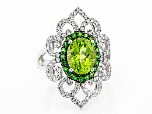 3.36ctw Peridot, Chrome Diopside and White Zircon Rhodium Over Silver Ring - Size 7