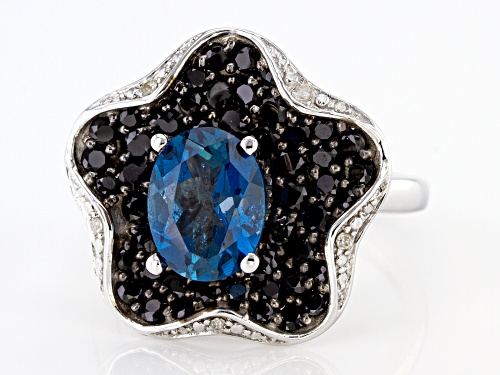 1.69ctw Black Spinel With 2.16ctw London Blue Topaz and White Zircon Rhodium Over Silver Ring - Size 7