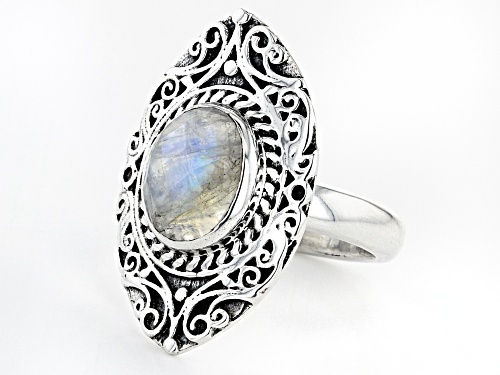 2.58ct 11x9mm Oval Rainbow Moonstone Rhodium Over Sterling Silver Ring - Size 7