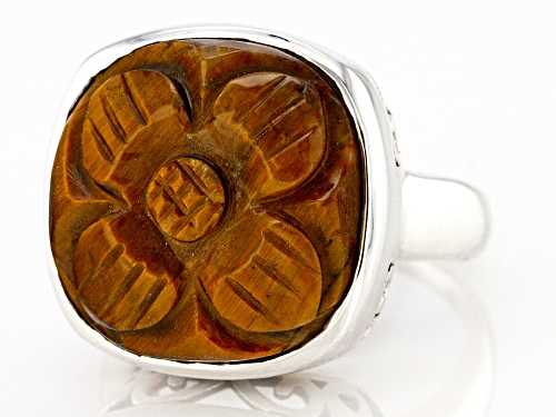 16mm Cushion Tigers Eye Rhodium Over Sterling Silver Craved Flower Ring - Size 10