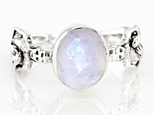 9x7mm Oval Rainbow Moonstone Rhodium Over Sterling Silver Ring - Size 9