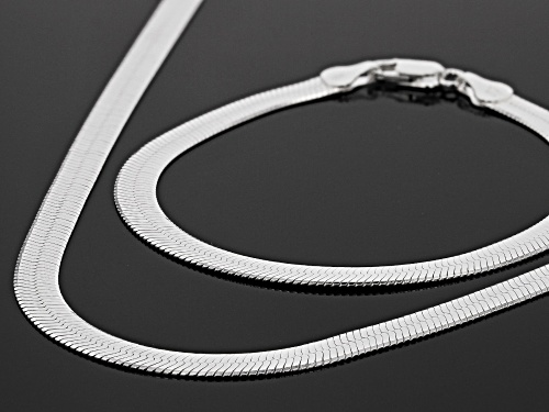 Sterling Silver Set of 2 Herringbone 7.25 Inch Bracelet and 18 Inch Necklace