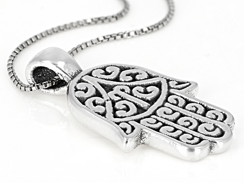 Sterling Silver Oxidized Hamsa Hand Pendant with 18 Inch Box Chain