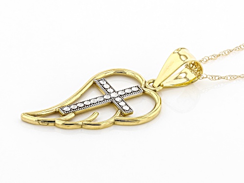 10K Yellow Gold with White Rhodium Accent Cross Angel Wing Pendant with 18 Inch Chain