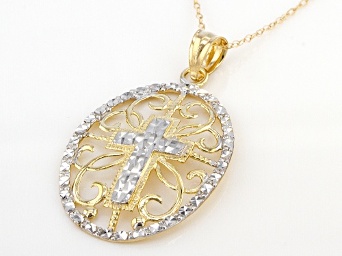 14K Yellow Gold and Rhodium Over 14K Yellow Gold Diamond-Cut Cross Pendant with Chain