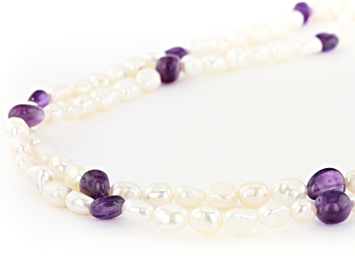 6.5-7.5mm White Cultured Freshwater Pearl & Amethyst 72 Inch Endless Necklace - Size 72