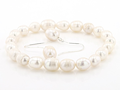 8-10mm White Cultured Freshwater Pearl Sterling Silver Necklace, Bracelet, & Earring Set