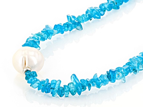 10mm White Cultured Freshwater Pearl And 65ctw Neon Apatite Rhodium Over Sterling Silver Necklace - Size 18