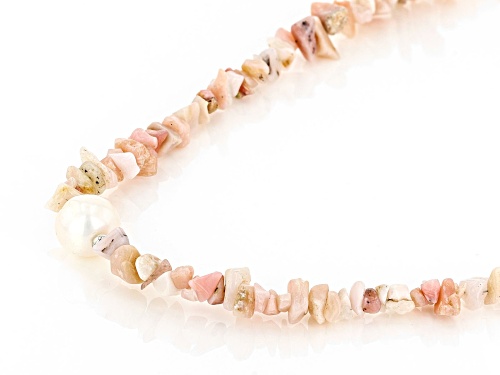 10mm White Cultured Freshwater Pearl with 50.00ctw Pink Opal Rhodium Over Silver Necklace - Size 18