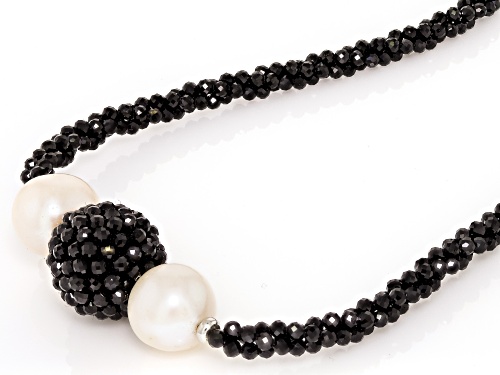 10mm White Cultured Freshwater Pearl and Black Spinel Rhodium Over Sterling Silver Necklace - Size 18
