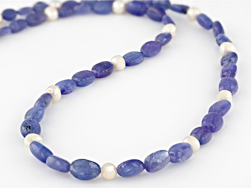 5mm White Cultured Freshwater Pearl and Tanzanite Rhodium Over Sterling Silver Necklace - Size 18