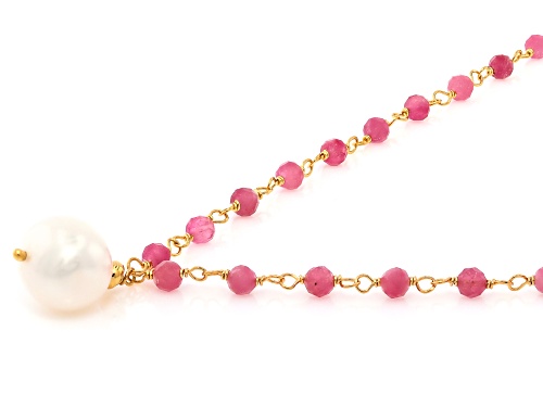 10mm White Cultured Freshwater Pearl & Pink Tourmaline 18k Yellow Gold Over Silver 18 Inch Necklace - Size 18